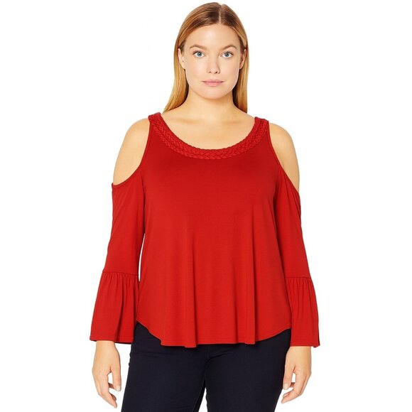 Boston Proper Tunic Top Womens Medium Red Cold Shoulder Bell Sleeve BOHO Holiday - Picture 1 of 11